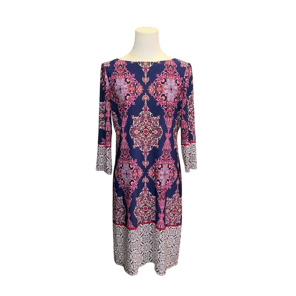 London Style Collection Petites Navy Blue Pink Medallion Paisley Sheath Dress 6P